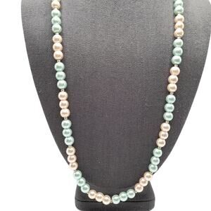 Long Pastel Glass Pearl Necklace, Blue-Green Pink Beads, 26 Inches, 8mm Beads